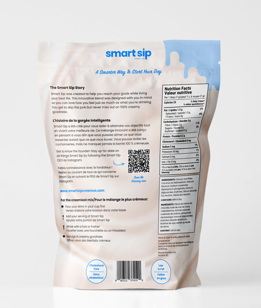 Smart Sip package with nutritional information and QR code on a white background