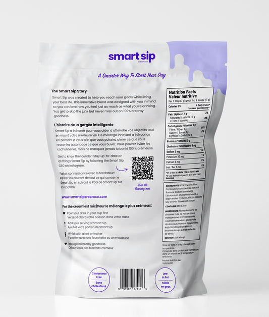 Back view of a 'smart sip' classic product packaging with text and QR code on a white background
