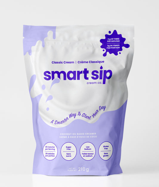 Smart Sip classic cream package with purple and white design on a white background
